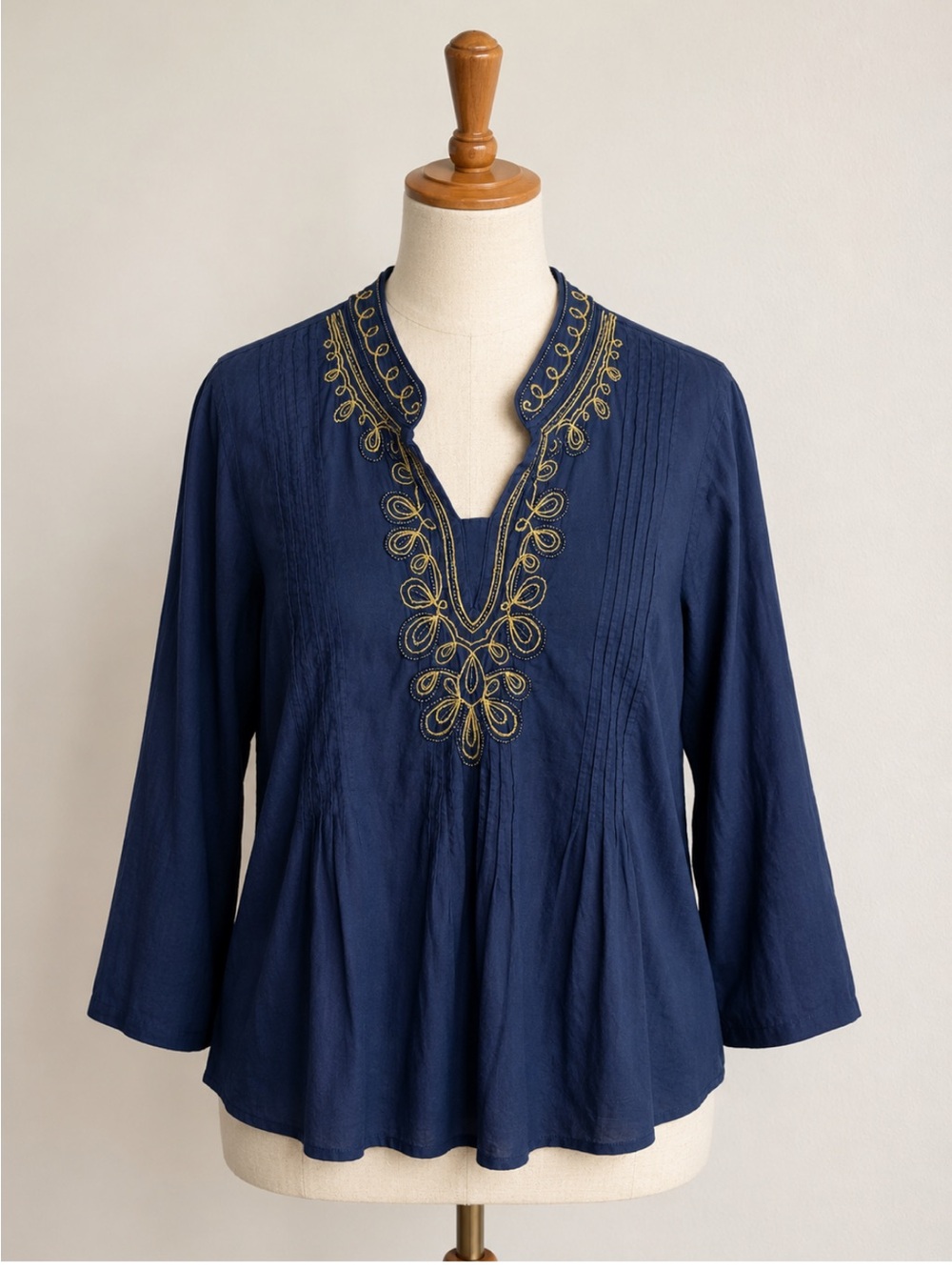 Lilly Pulitzer Navy Blue Gold Embroidered Boho Tunic Top Size M